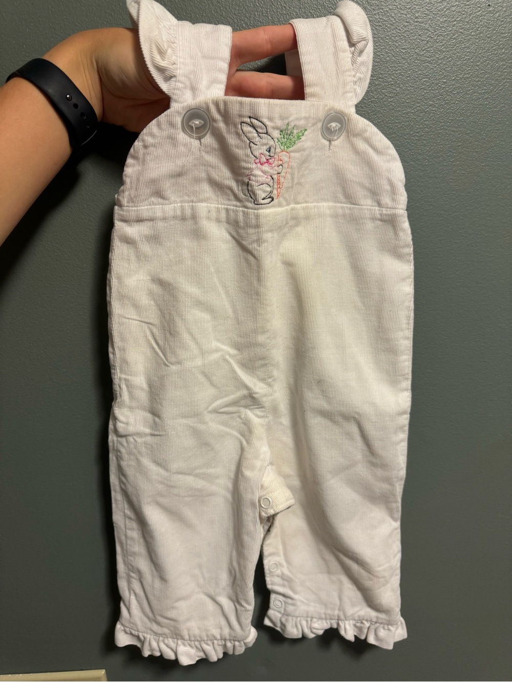 The Beaufort Bonnet Company White Corduroy Baby Overalls with Bunny Embroidery